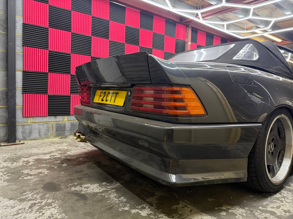 R129 rear high lift AMG duck spoiler fitted to a Mercedes-Benz SL in the workshop